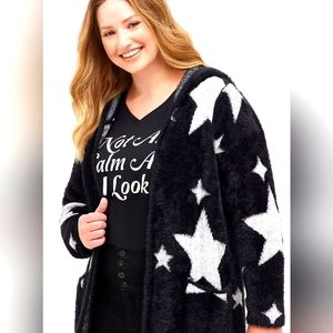 Torrid Hooded Cardigan - Stars Black White Pockets Size 0X Knee Length
